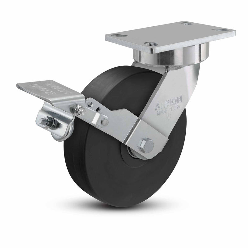 8"x2" USA Ergonomic Brake Caster (9.5" OAH) with HD Nylon Wheel and 6.25"x4.5" Plate