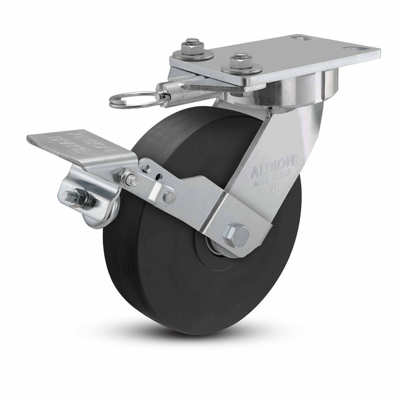 8"x2" USA Ergonomic Brake Caster with HD Nylon Wheel, Swivel Lock, and 6.25"x4.5" Plate