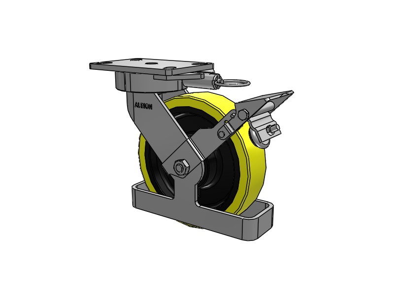 8"x2" USA Ergonomic Brake Caster (9.5" OAH) with HD Poly-on-Iron Wheel, Toe Guard, Swivel Lock, and 6.25"x4.5" Plate