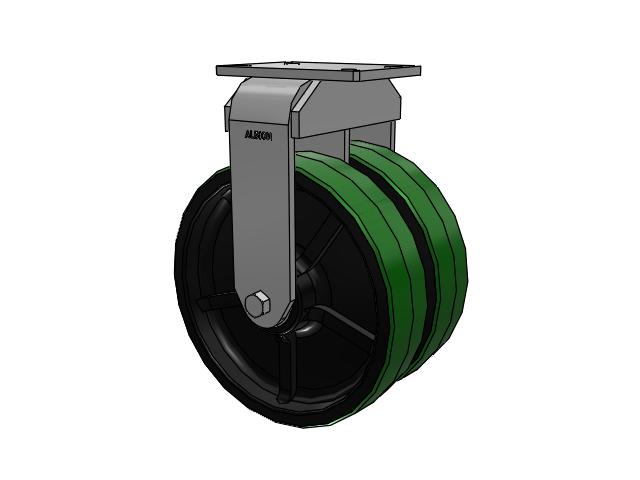 Dual-Wheel Kingpinless 12"x3" Green Poly-on-Iron Wheel Rigid Caster with 7.25"x5.25" Plate