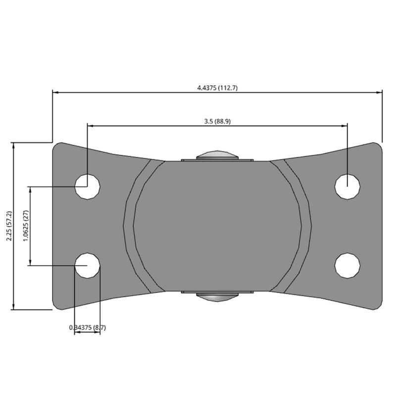 Side dimensioned CAD view of a Faultless Casters 2.5" x 1" wide wheel Rigid caster with 2-1/4" x 4-7/16" top plate, without a brake, Sintered Iron wheel and 200 lb. capacity part