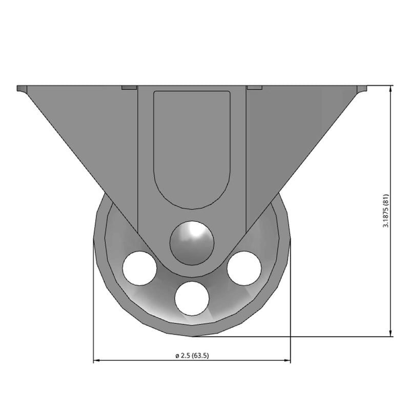 Front dimensioned CAD view of a Faultless Casters 2.5" x 1" wide wheel Rigid caster with 2-1/4" x 4-7/16" top plate, without a brake, Sintered Iron wheel and 200 lb. capacity part