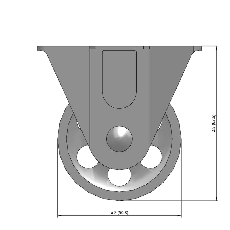Front dimensioned CAD view of a Faultless Casters 2" x 1" wide wheel Rigid caster with 1-1/2" x 2-21/32" top plate, without a brake, Sintered Iron wheel and 150 lb. capacity part