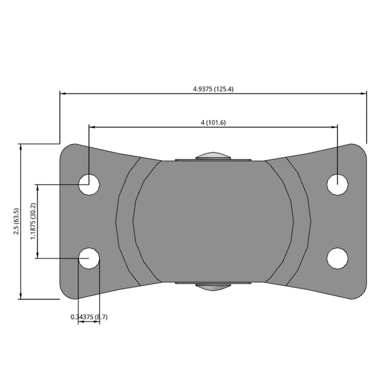 Side dimensioned CAD view of a Faultless Casters 3" x 1.1875" wide wheel Rigid caster with 2-1/2" x 4-15/16" top plate, without a brake, Sintered Iron wheel and 300 lb. capacity part