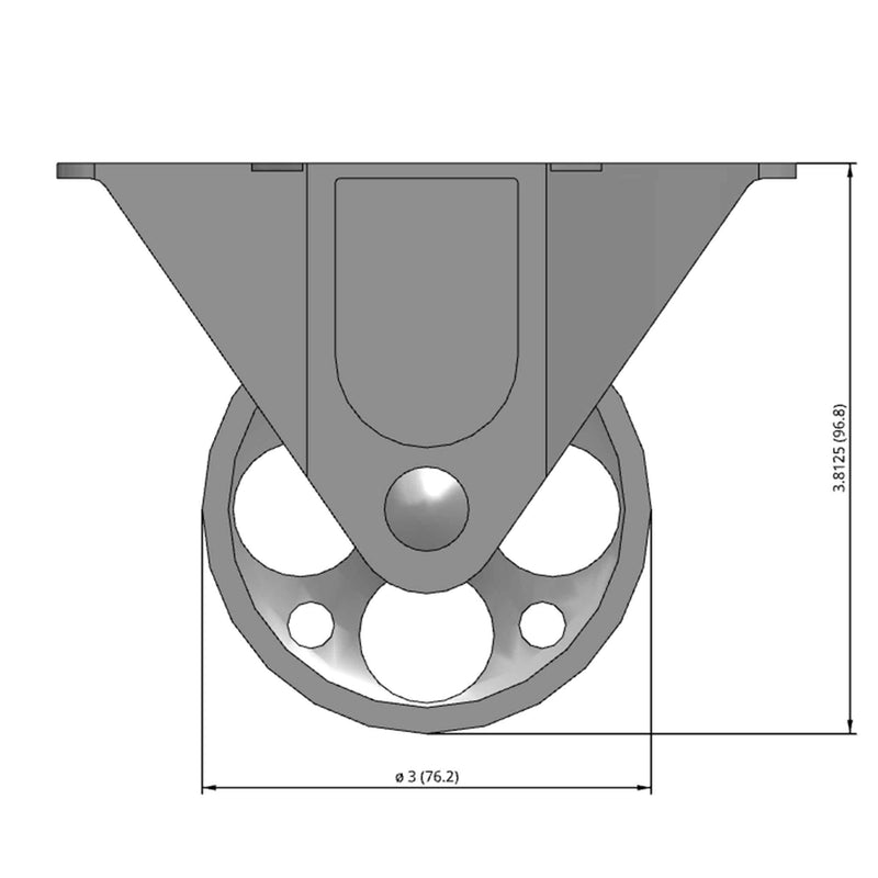 Front dimensioned CAD view of a Faultless Casters 3" x 1.1875" wide wheel Rigid caster with 2-1/2" x 4-15/16" top plate, without a brake, Sintered Iron wheel and 300 lb. capacity part
