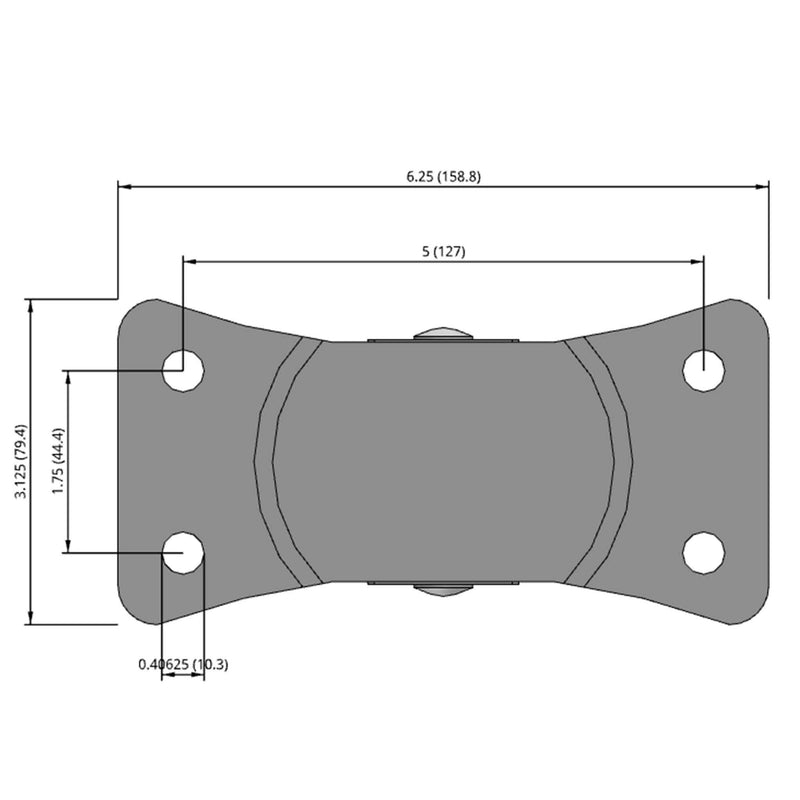 Side dimensioned CAD view of a Faultless Casters 4" x 1.375" wide wheel Rigid caster with 3-1/8" x 6-1/4" top plate, without a brake, Sintered Iron wheel and 450 lb. capacity part