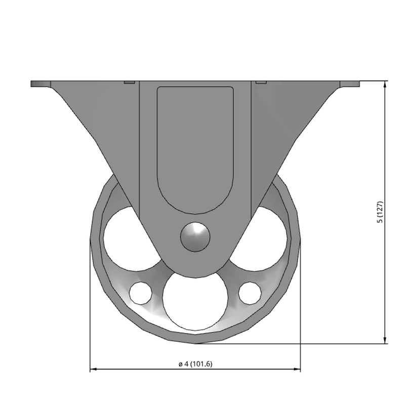Front dimensioned CAD view of a Faultless Casters 4" x 1.375" wide wheel Rigid caster with 3-1/8" x 6-1/4" top plate, without a brake, Sintered Iron wheel and 450 lb. capacity part