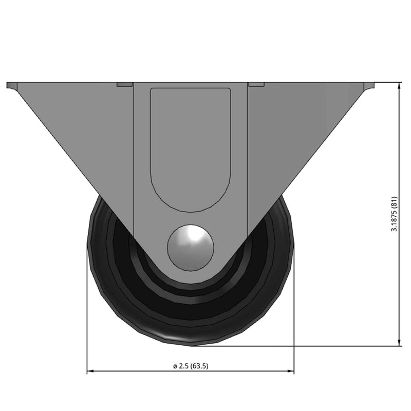 Front dimensioned CAD view of a Faultless Casters 2.5" x 1.125" wide wheel Rigid caster with 2-1/4" x 4-7/16" top plate, without a brake, Soft Rubber wheel and 100 lb. capacity part