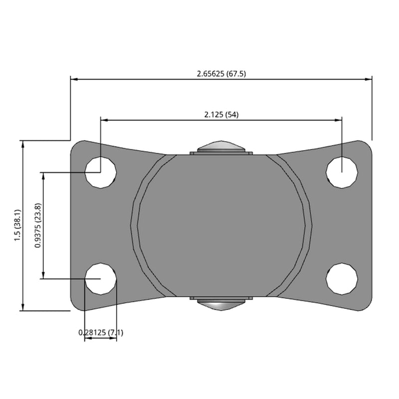 Side dimensioned CAD view of a Faultless Casters 2" x 1" wide wheel Rigid caster with 1-1/2" x 2-21/32" top plate, without a brake, Soft Rubber wheel and 90 lb. capacity part