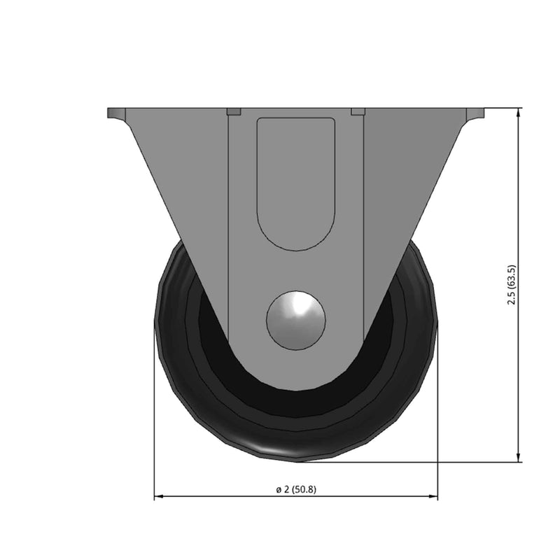 Front dimensioned CAD view of a Faultless Casters 2" x 1" wide wheel Rigid caster with 1-1/2" x 2-21/32" top plate, without a brake, Soft Rubber wheel and 90 lb. capacity part