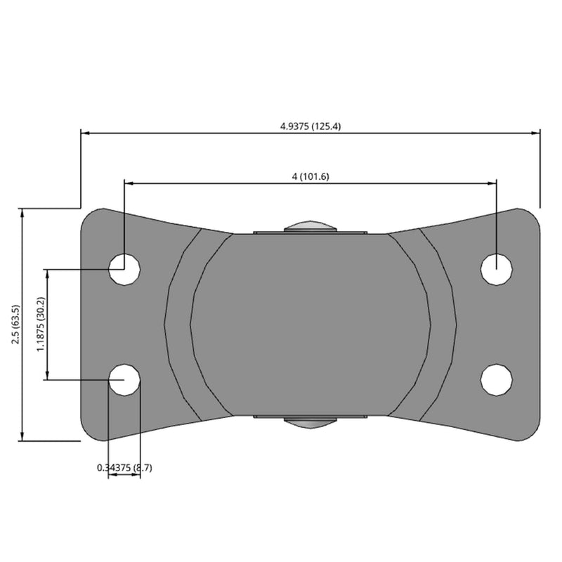 Side dimensioned CAD view of a Faultless Casters 3" x 1.25" wide wheel Rigid caster with 2-1/2" x 4-15/16" top plate, without a brake, Soft Rubber wheel and 175 lb. capacity part