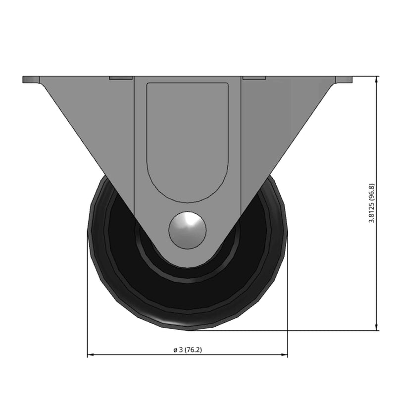 Front dimensioned CAD view of a Faultless Casters 3" x 1.25" wide wheel Rigid caster with 2-1/2" x 4-15/16" top plate, without a brake, Soft Rubber wheel and 175 lb. capacity part