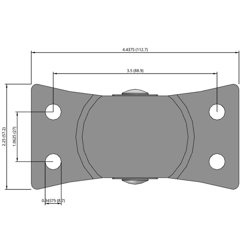 Side dimensioned CAD view of a Faultless Casters 2.5" x 1.125" wide wheel Rigid caster with 2-1/4" x 4-7/16" top plate, without a brake, Hard Rubber wheel and 200 lb. capacity part