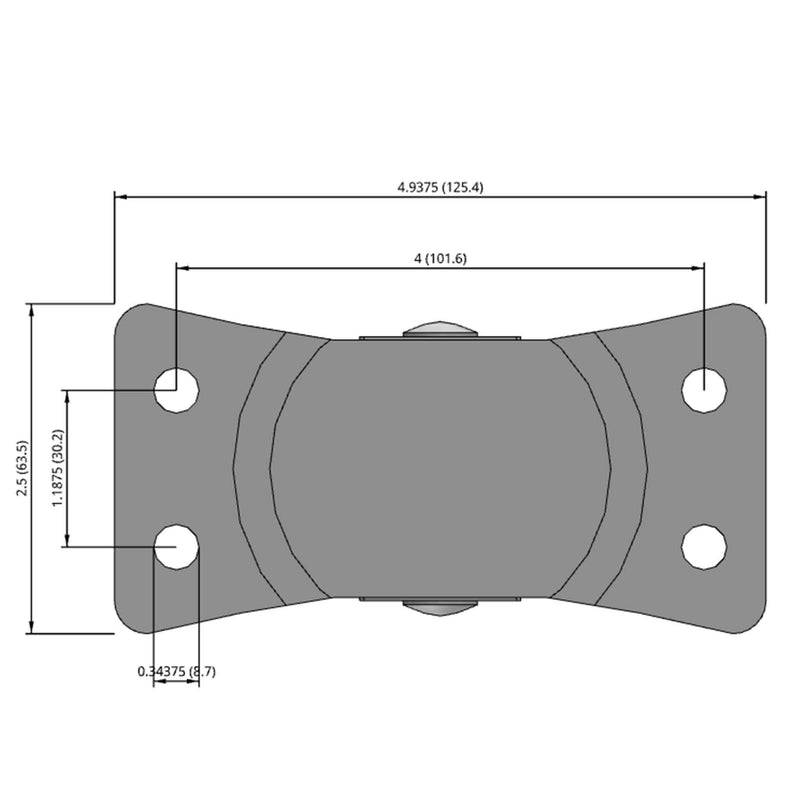 Side dimensioned CAD view of a Faultless Casters 3" x 1.25" wide wheel Rigid caster with 2-1/2" x 4-15/16" top plate, without a brake, Hard Rubber wheel and 270 lb. capacity part