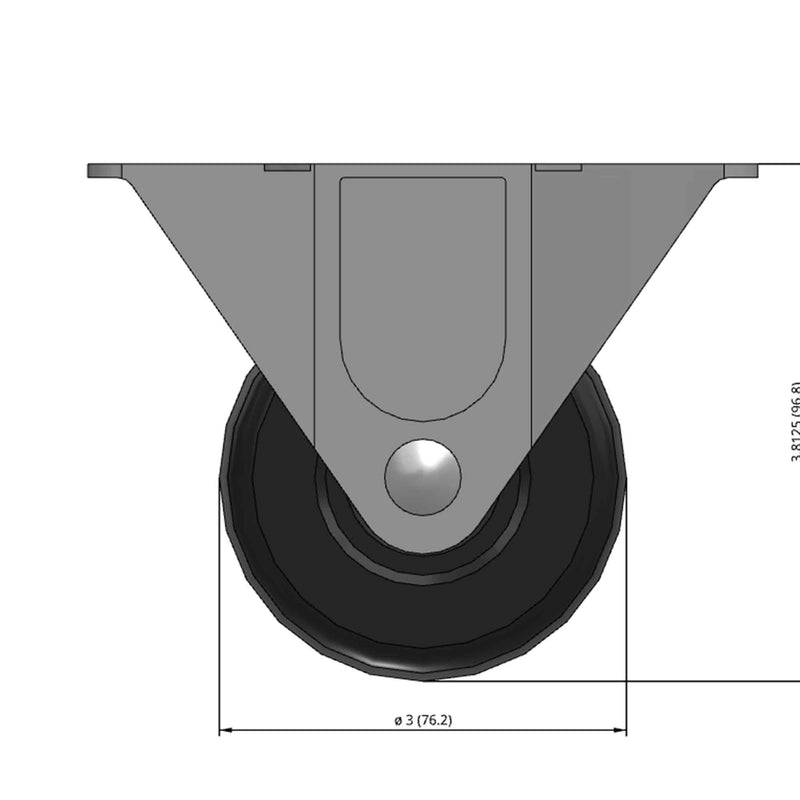 Front dimensioned CAD view of a Faultless Casters 3" x 1.25" wide wheel Rigid caster with 2-1/2" x 4-15/16" top plate, without a brake, Hard Rubber wheel and 270 lb. capacity part