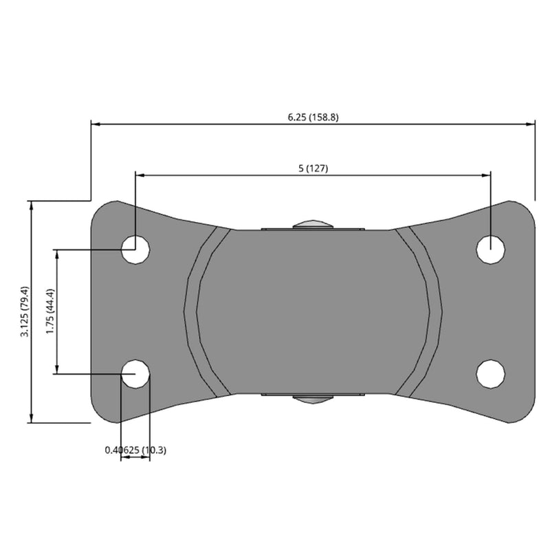 Side dimensioned CAD view of a Faultless Casters 4" x 1.3125" wide wheel Rigid caster with 3-1/8" x 6-1/4" top plate, without a brake, Hard Rubber wheel and 350 lb. capacity part