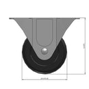 Front dimensioned CAD view of a Faultless Casters 4" x 1.3125" wide wheel Rigid caster with 3-1/8" x 6-1/4" top plate, without a brake, Hard Rubber wheel and 350 lb. capacity part