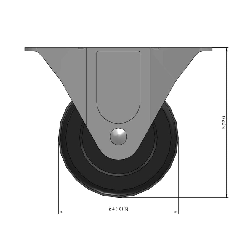 Front dimensioned CAD view of a Faultless Casters 4" x 1.3125" wide wheel Rigid caster with 3-1/8" x 6-1/4" top plate, without a brake, Hard Rubber wheel and 350 lb. capacity part