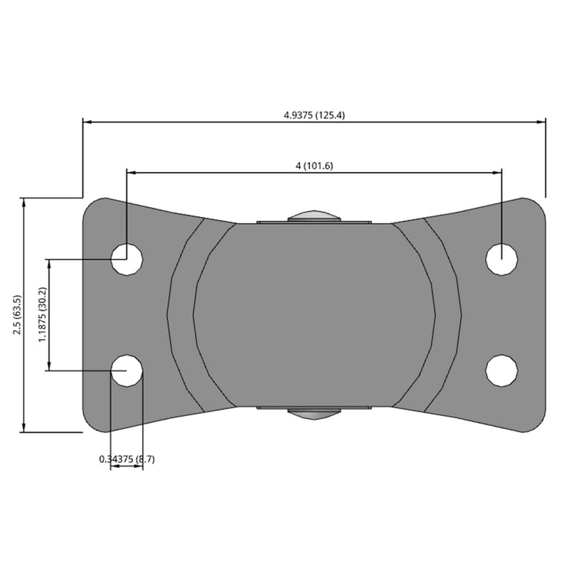 Side dimensioned CAD view of a Faultless Casters 3" x 1.25" wide wheel Rigid caster with 2-1/2" x 4-15/16" top plate, without a brake, Polypropylene wheel and 270 lb. capacity part