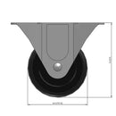 Front dimensioned CAD view of a Faultless Casters 4" x 1.3125" wide wheel Rigid caster with 3-1/8" x 6-1/4" top plate, without a brake, Polypropylene wheel and 350 lb. capacity part