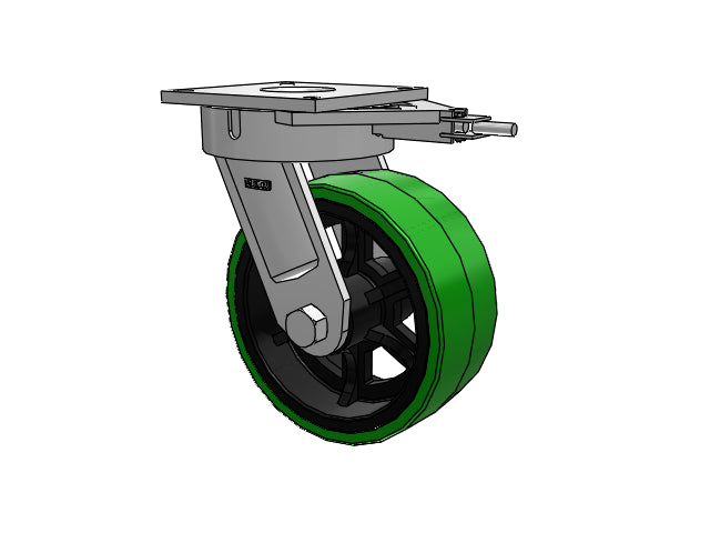 Ultimate Kingpinless 12"x5" Thick Polyurethane-on-Iron Wheel Caster with 8.5"x8.5" Plate & Swivel Lock