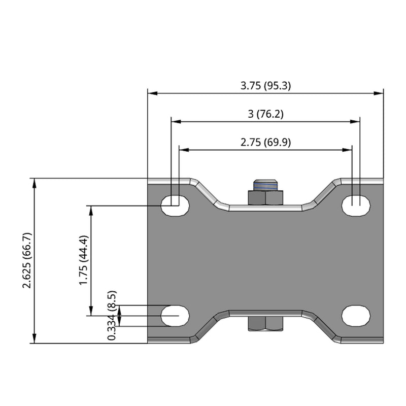 Side dimensioned CAD view of a Pemco Casters 3" x 1.25" wide wheel Rigid caster with 2-5/8" x 3-3/4" top plate, without a brake, Polypropylene wheel and 270 lb. capacity part
