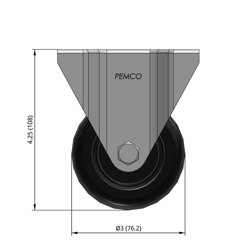 Front dimensioned CAD view of a Pemco Casters 3" x 1.25" wide wheel Rigid caster with 2-5/8" x 3-3/4" top plate, without a brake, Polypropylene wheel and 270 lb. capacity part
