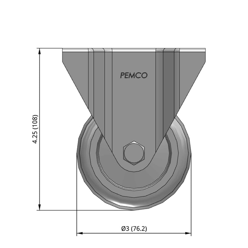 Front dimensioned CAD view of a Pemco Casters 3" x 1.25" wide wheel Rigid caster with 2-5/8" x 3-3/4" top plate, without a brake, Thermoplastic Rubber wheel and 210 lb. capacity part