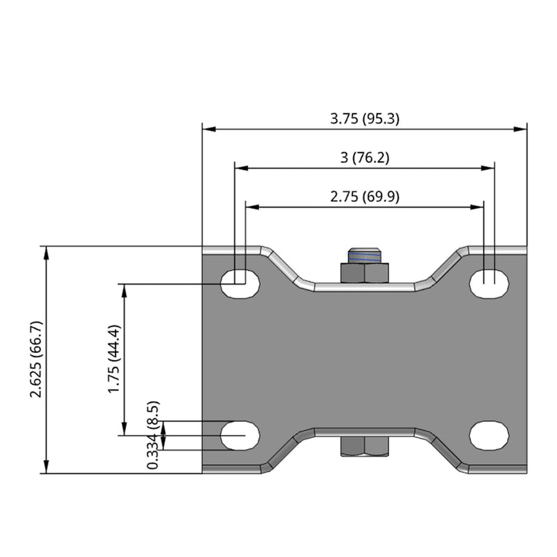 Side dimensioned CAD view of a Pemco Casters 3" x 1.25" wide wheel Rigid caster with 2-5/8" x 3-3/4" top plate, without a brake, Thermo-Urethane wheel and 270 lb. capacity part