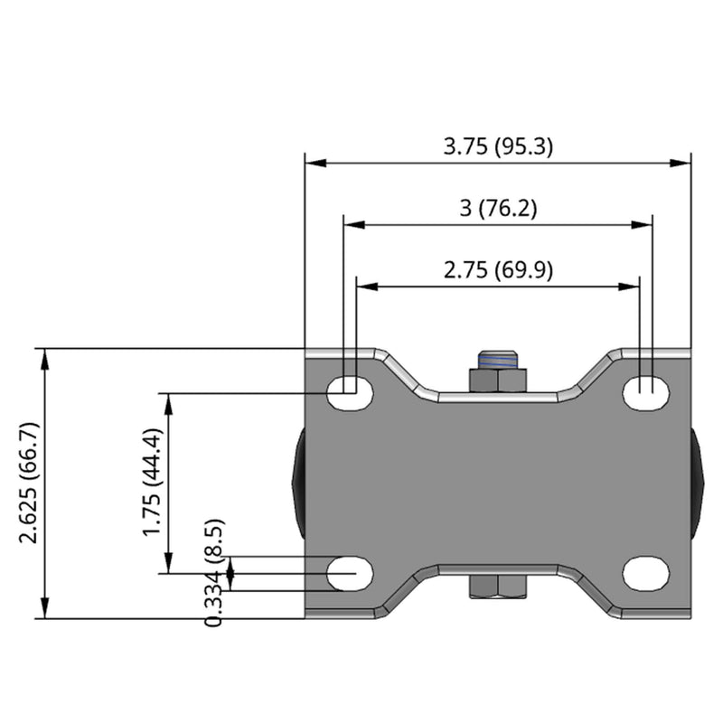 Side dimensioned CAD view of a Pemco Casters 4" x 1.25" wide wheel Rigid caster with 2-5/8" x 3-3/4" top plate, without a brake, Polypropylene wheel and 300 lb. capacity part