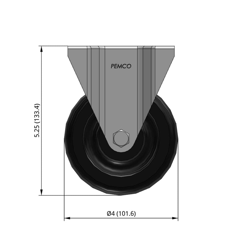Front dimensioned CAD view of a Pemco Casters 4" x 1.25" wide wheel Rigid caster with 2-5/8" x 3-3/4" top plate, without a brake, Polypropylene wheel and 300 lb. capacity part