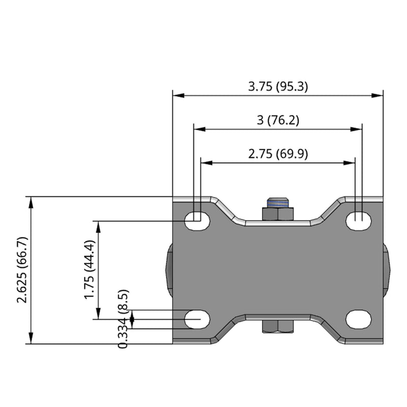 Side dimensioned CAD view of a Pemco Casters 4" x 1.25" wide wheel Rigid caster with 2-5/8" x 3-3/4" top plate, without a brake, Thermoplastic Rubber wheel and 275 lb. capacity part