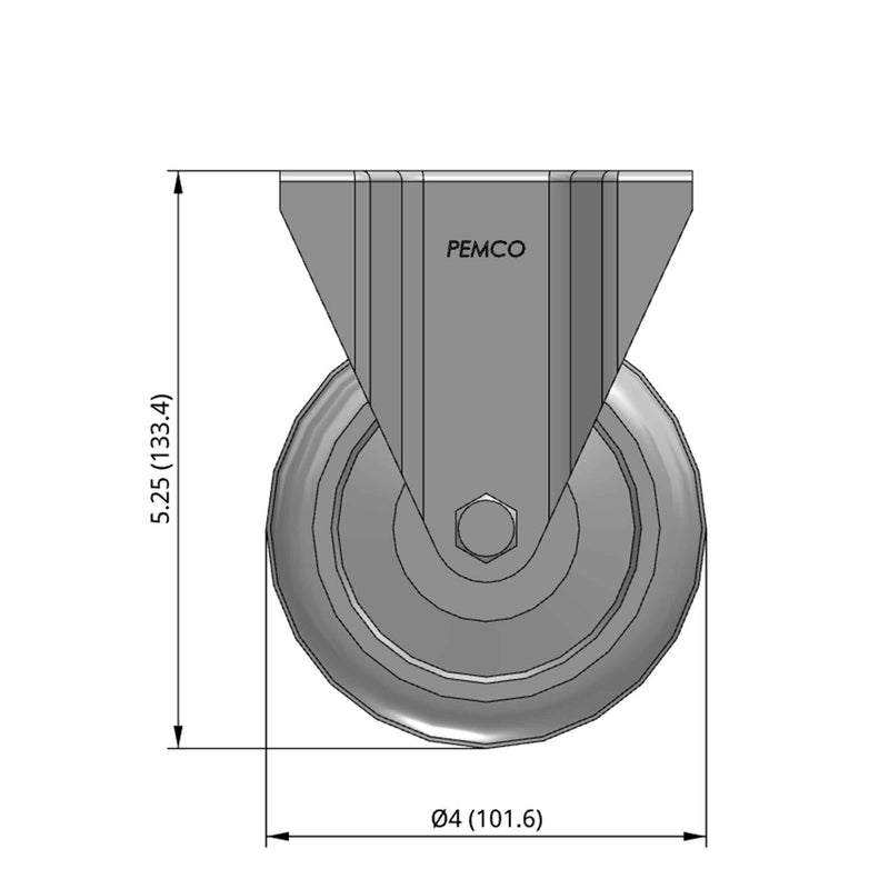 Front dimensioned CAD view of a Pemco Casters 4" x 1.25" wide wheel Rigid caster with 2-5/8" x 3-3/4" top plate, without a brake, Thermoplastic Rubber wheel and 275 lb. capacity part