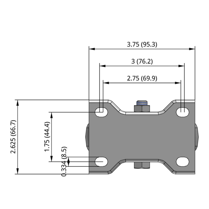 Side dimensioned CAD view of a Pemco Casters 4" x 1.25" wide wheel Rigid caster with 2-5/8" x 3-3/4" top plate, without a brake, Thermo-Urethane wheel and 275 lb. capacity part