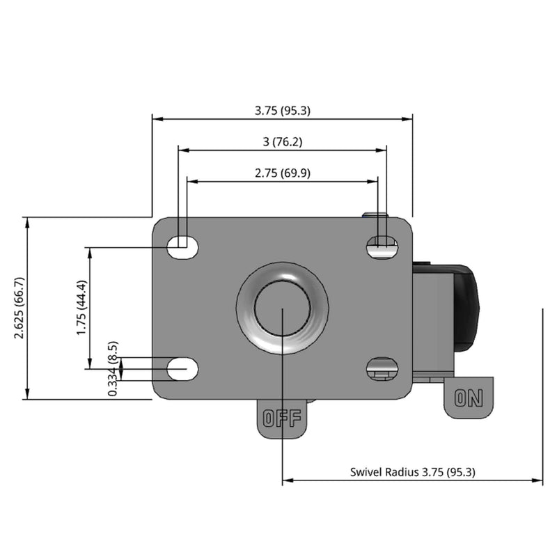 Side dimensioned CAD view of a Pemco Casters 3" x 1.25" wide wheel Swivel caster with 2-5/8" x 3-3/4" top plate, with a side locking brake, Polypropylene wheel and 270 lb. capacity part