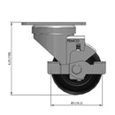 Front dimensioned CAD view of a Pemco Casters 3" x 1.25" wide wheel Swivel caster with 2-5/8" x 3-3/4" top plate, with a side locking brake, Polypropylene wheel and 270 lb. capacity part