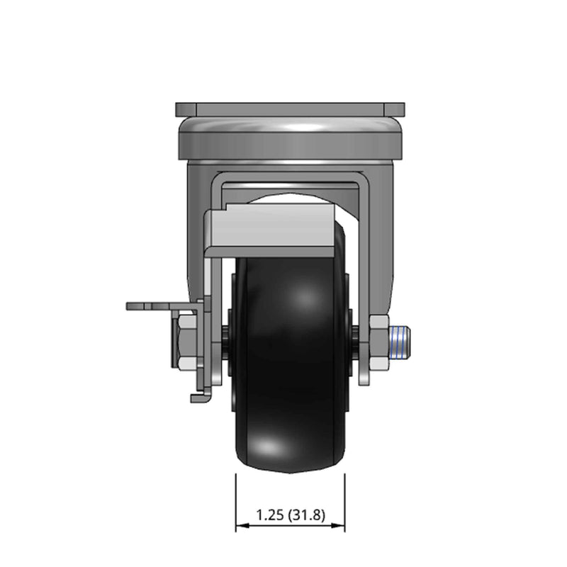 Top dimensioned CAD view of a Pemco Casters 3" x 1.25" wide wheel Swivel caster with 2-5/8" x 3-3/4" top plate, with a side locking brake, Polypropylene wheel and 270 lb. capacity part