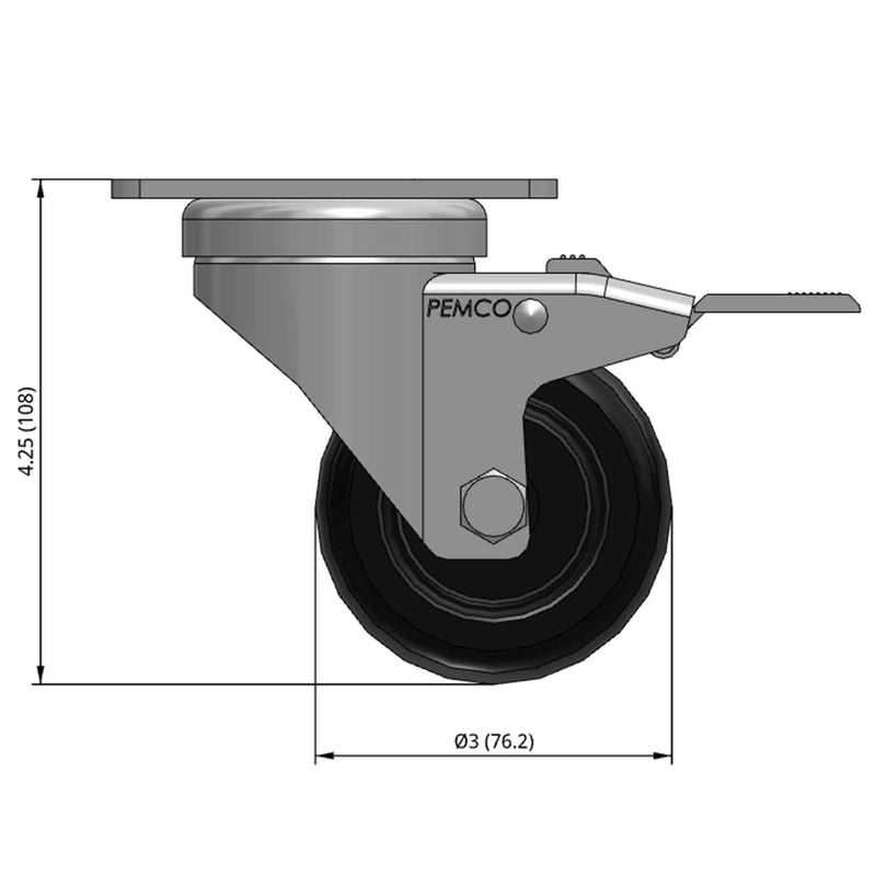 Front dimensioned CAD view of a Pemco Casters 3" x 1.25" wide wheel Swivel caster with 2-5/8" x 3-3/4" top plate, with a top total locking brake, Polypropylene wheel and 270 lb. capacity part