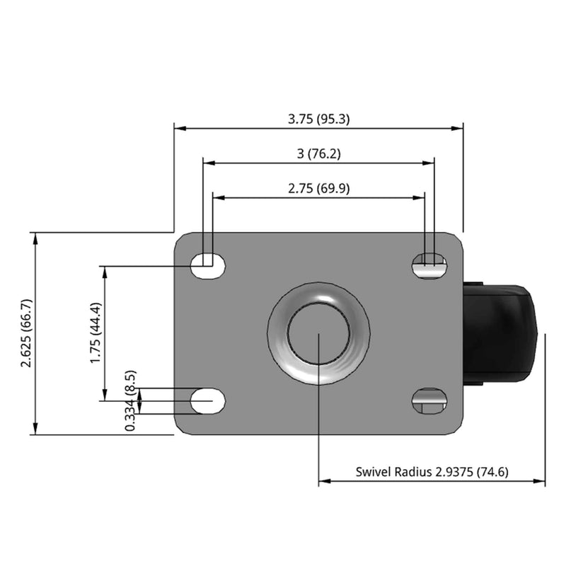 Side dimensioned CAD view of a Pemco Casters 3" x 1.25" wide wheel Swivel caster with 2-5/8" x 3-3/4" top plate, without a brake, Polypropylene wheel and 270 lb. capacity part