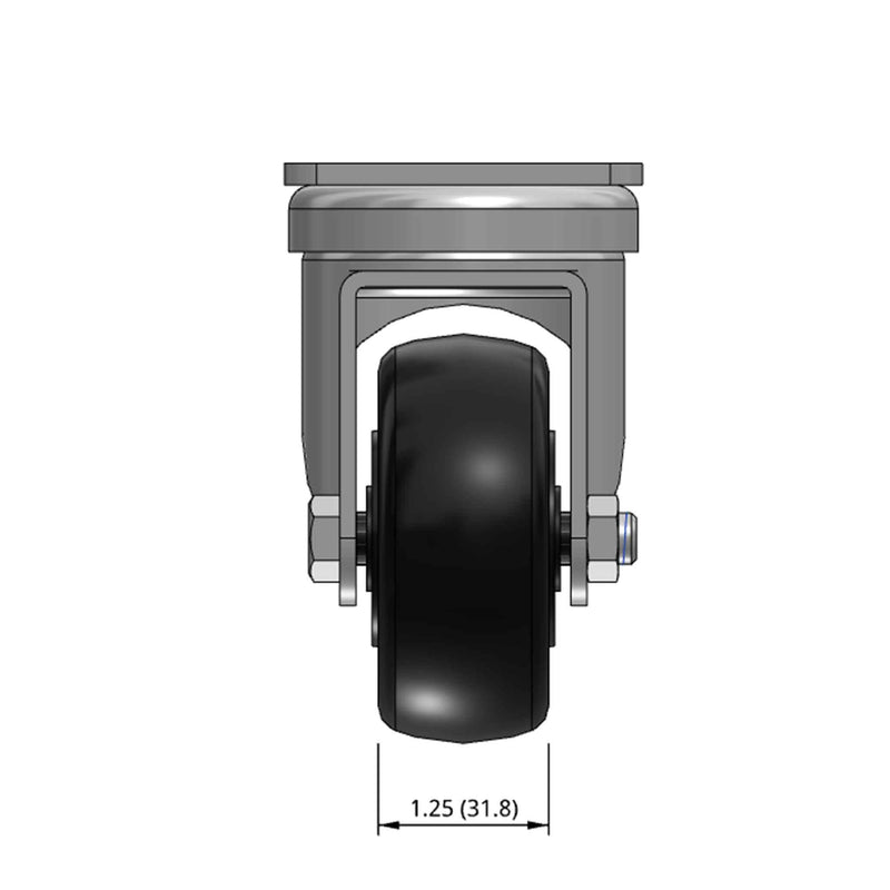 Top dimensioned CAD view of a Pemco Casters 3" x 1.25" wide wheel Swivel caster with 2-5/8" x 3-3/4" top plate, without a brake, Polypropylene wheel and 270 lb. capacity part