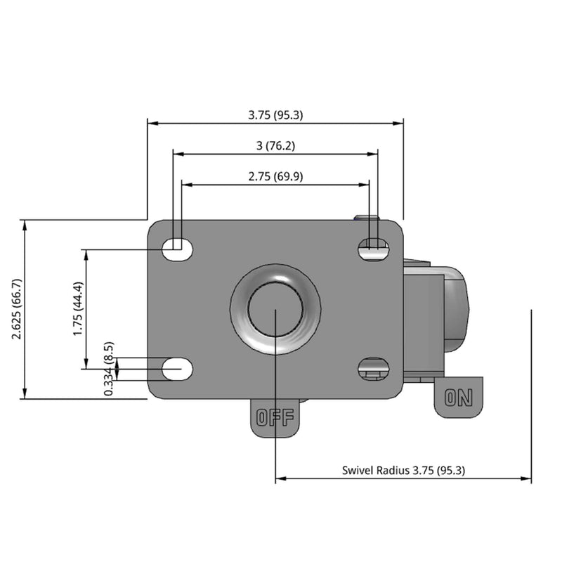 Side dimensioned CAD view of a Pemco Casters 3" x 1.25" wide wheel Swivel caster with 2-5/8" x 3-3/4" top plate, with a side locking brake, Thermoplastic Rubber wheel and 210 lb. capacity part