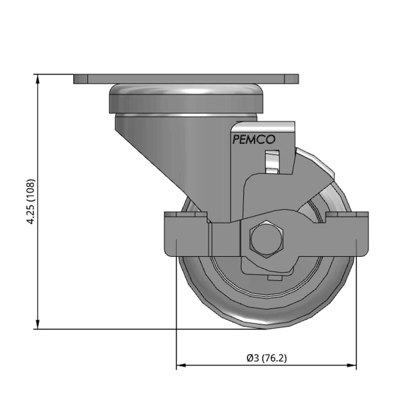 Front dimensioned CAD view of a Pemco Casters 3" x 1.25" wide wheel Swivel caster with 2-5/8" x 3-3/4" top plate, with a side locking brake, Thermoplastic Rubber wheel and 210 lb. capacity part