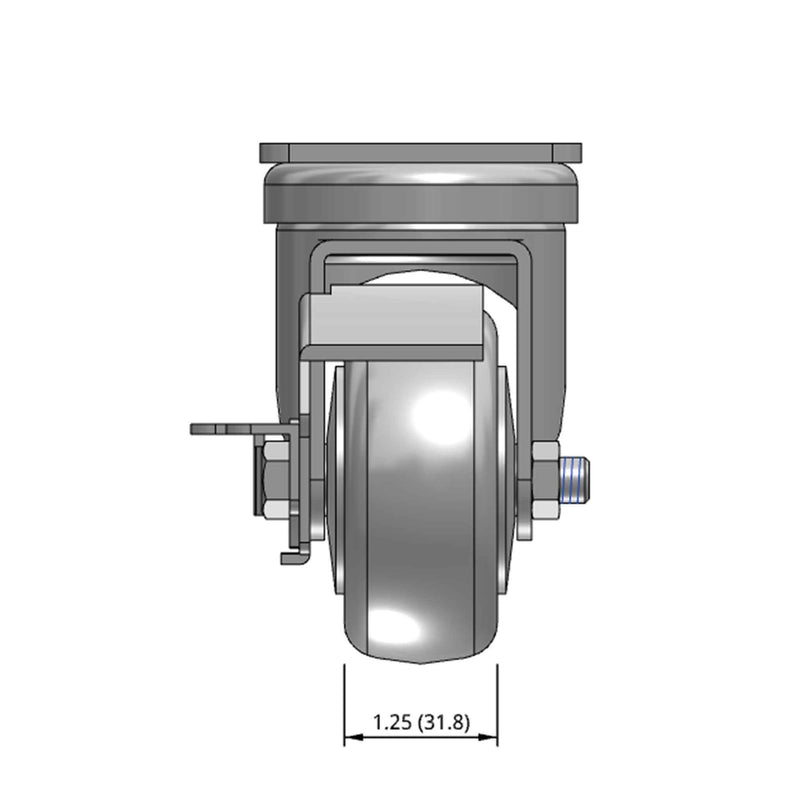 Top dimensioned CAD view of a Pemco Casters 3" x 1.25" wide wheel Swivel caster with 2-5/8" x 3-3/4" top plate, with a side locking brake, Thermoplastic Rubber wheel and 210 lb. capacity part