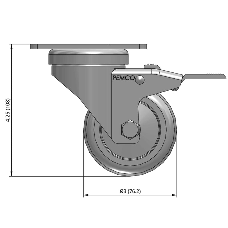 Front dimensioned CAD view of a Pemco Casters 3" x 1.25" wide wheel Swivel caster with 2-5/8" x 3-3/4" top plate, with a top total locking brake, Thermoplastic Rubber wheel and 210 lb. capacity part