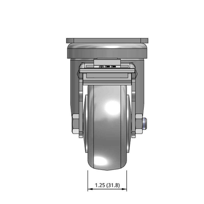 Top dimensioned CAD view of a Pemco Casters 3" x 1.25" wide wheel Swivel caster with 2-5/8" x 3-3/4" top plate, with a top total locking brake, Thermoplastic Rubber wheel and 210 lb. capacity part