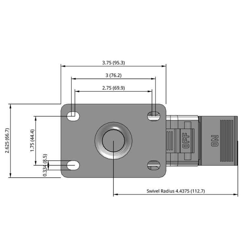 Side dimensioned CAD view of a Pemco Casters 3" x 1.25" wide wheel Swivel caster with 2-5/8" x 3-3/4" top plate, with a top total locking brake, Thermoplastic Rubber wheel and 210 lb. capacity part