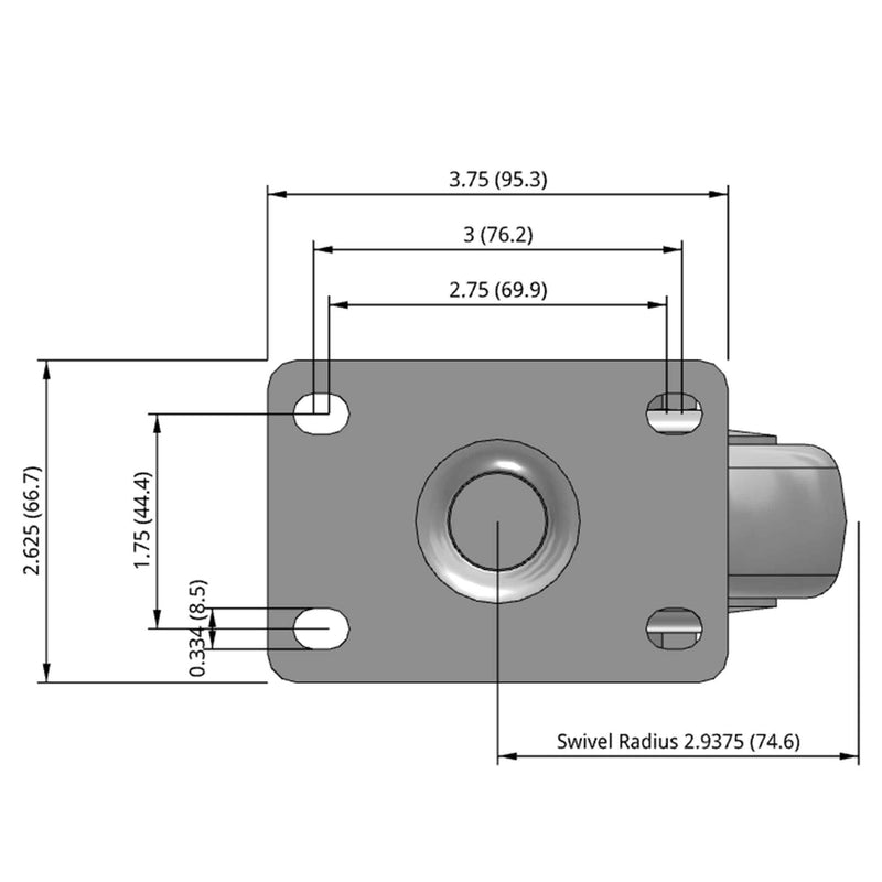 Side dimensioned CAD view of a Pemco Casters 3" x 1.25" wide wheel Swivel caster with 2-5/8" x 3-3/4" top plate, without a brake, Thermoplastic Rubber wheel and 210 lb. capacity part