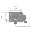 Side dimensioned CAD view of a Pemco Casters 3" x 1.25" wide wheel Swivel caster with 2-5/8" x 3-3/4" top plate, with a side locking brake, Thermo-Urethane wheel and 270 lb. capacity part