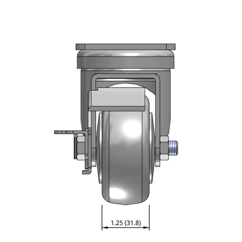 Top dimensioned CAD view of a Pemco Casters 3" x 1.25" wide wheel Swivel caster with 2-5/8" x 3-3/4" top plate, with a side locking brake, Thermo-Urethane wheel and 270 lb. capacity part
