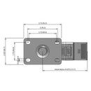 Side dimensioned CAD view of a Pemco Casters 3" x 1.25" wide wheel Swivel caster with 2-5/8" x 3-3/4" top plate, with a top total locking brake, Thermo-Urethane wheel and 270 lb. capacity part